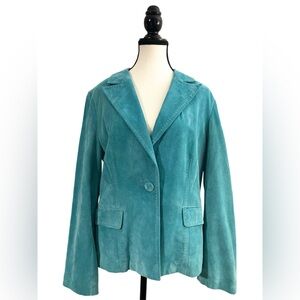 KAREN KANE Aqua-Blue Suede Leather Blazer with Notched Lapels | L